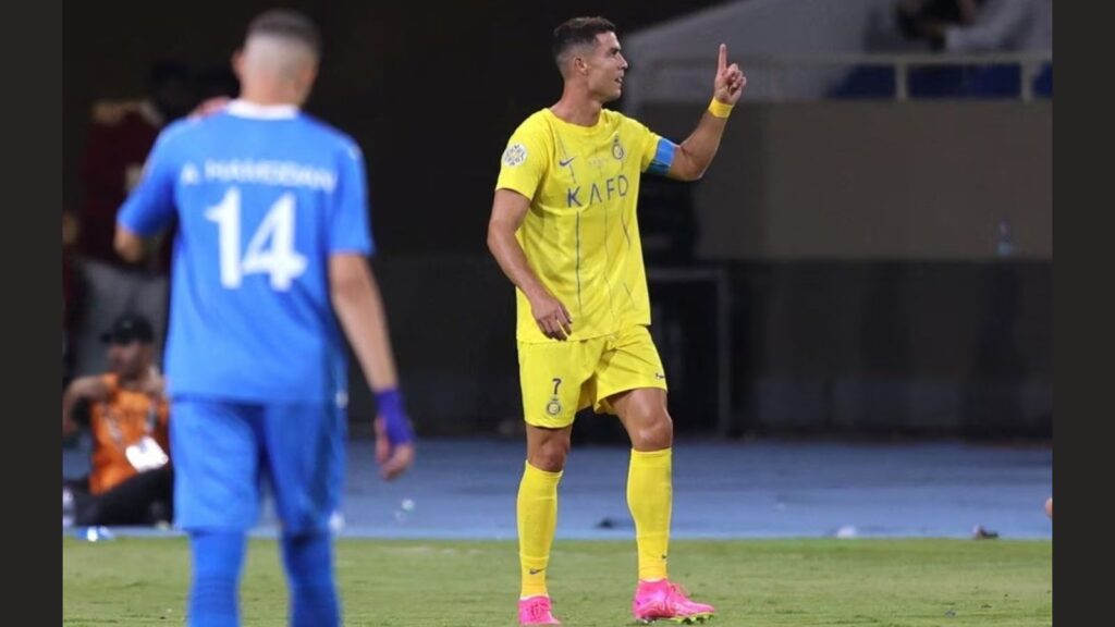 Soccer Football - Arab Club Champions Cup - Final - Al Hilal v Al Nassr - King Fahd Stadium, Taif, Saudi Arabia - August 12, 2023 Al Nassr's Cristiano Ronaldo celebrates scoring their second goal REUTERS