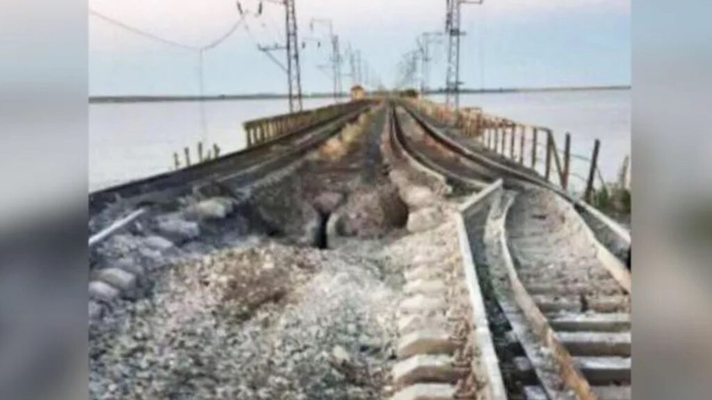 A picture shared to social media channels shows the Chonhar railway bridge that connects Russian-controlled Crimea and Ukraine's Kherson region. Ukraine's military said it carried out a successful strike on the bridge in the early hours of July 29.